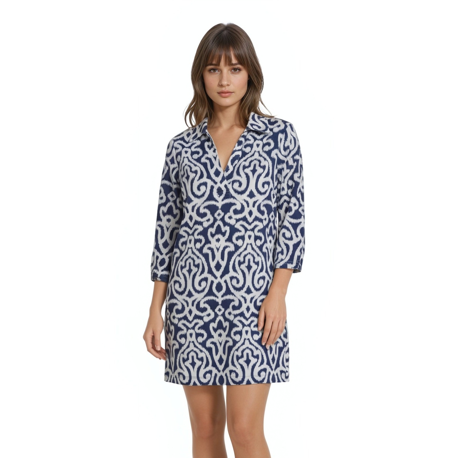 Gretchen Scott Dress Women's Size Small Navy White Ikat Ruffle Collar